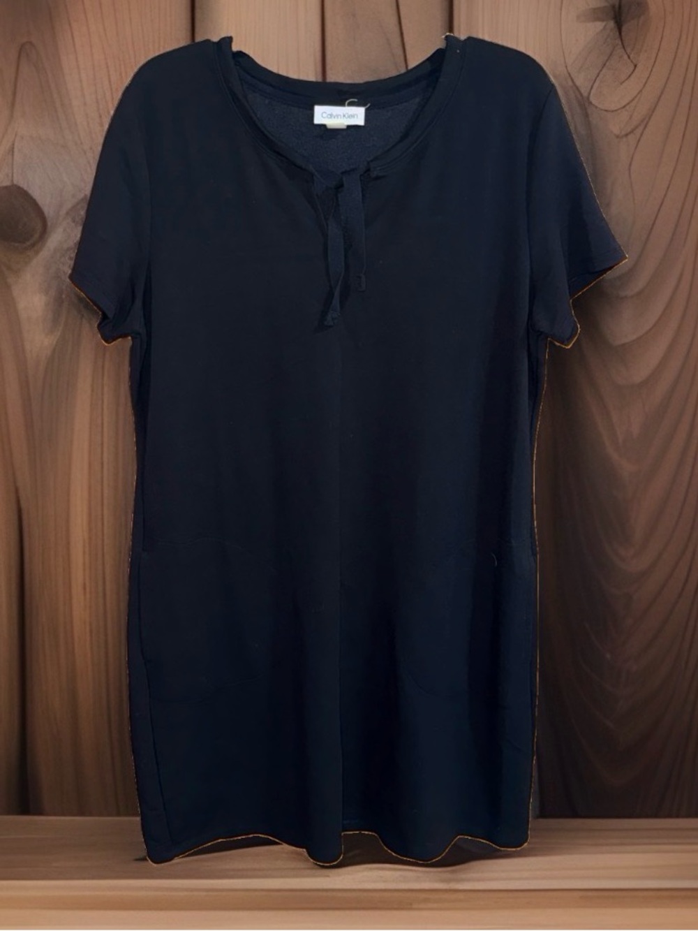 Calvin Klein Black Short-Sleeve Soft Knit Tunic Mini Dress w/Tie Neck-XL-EC
